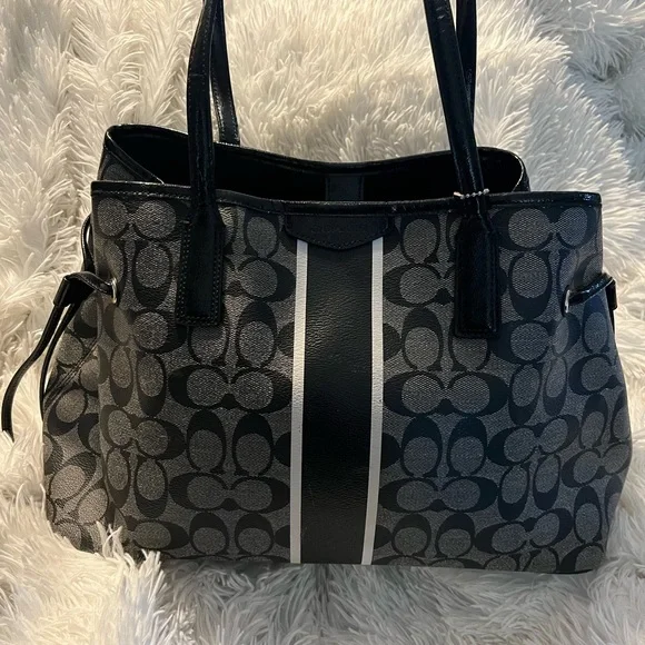 EUC COACH SIGNATURE STRIPE DRAWSTRING TOTE CARRYALL HANDBAG SATCHEL D1481-F29064